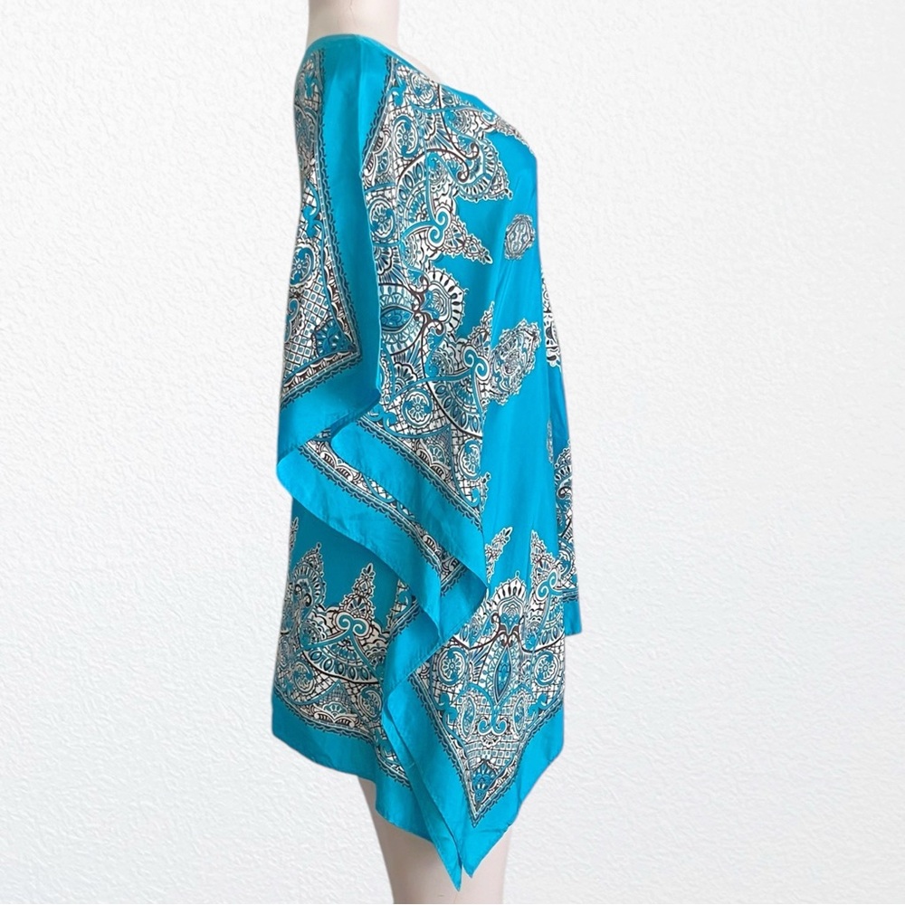 Silk Beachy Paisley Cruise Hippie Swim Kaftan Coverup Blouse Blue 100% SZ 8 - Picture 5 of 7